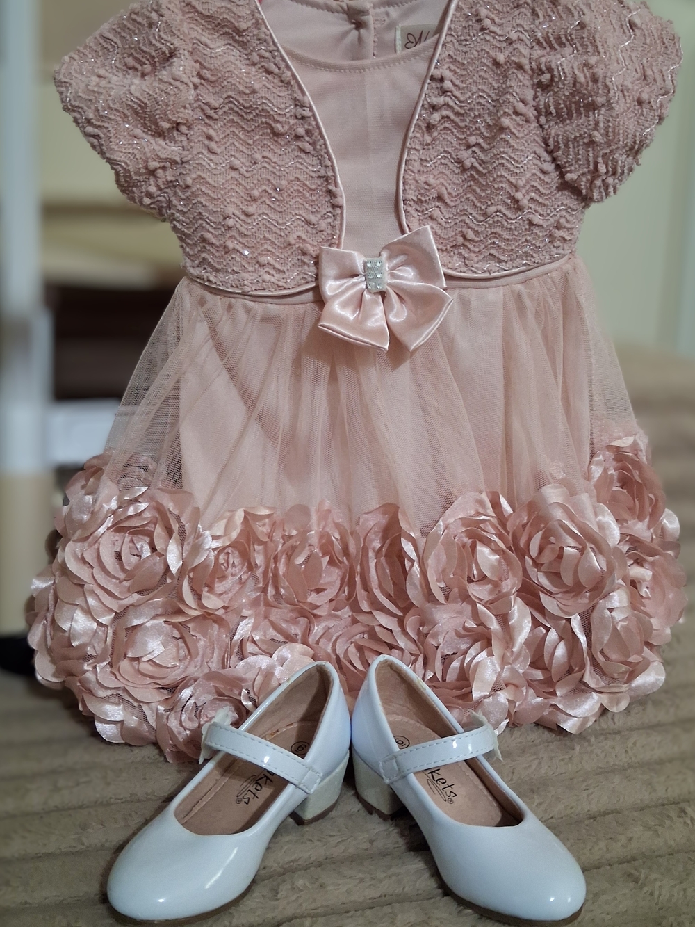 Nannette Blush Pink Rosette Tulle Party Dress with Bow